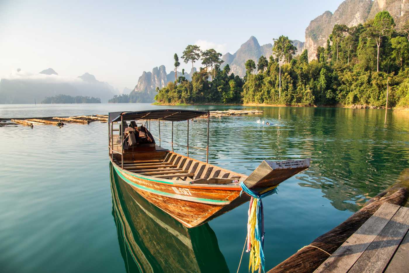 1400 Khao Sok floating bamboo raft with beautiful lake and mountain shutterstock 367537709
